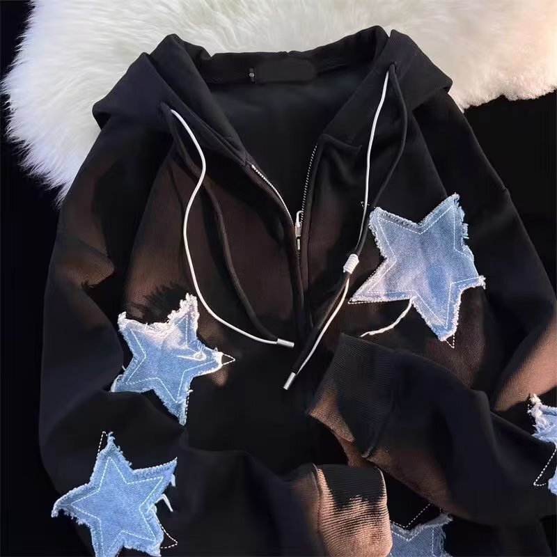 Cross-Border American-Style Thin Retro Patchwork Star Cardigan Sweatshirt Unisex Loose Oversize Trendy Brand Ins Jacket Cross-Border American-Style Thin Retro Patchwork Star Cardigan Sweatshirt Unisex Loose Oversize Trendy Brand Ins Jacket