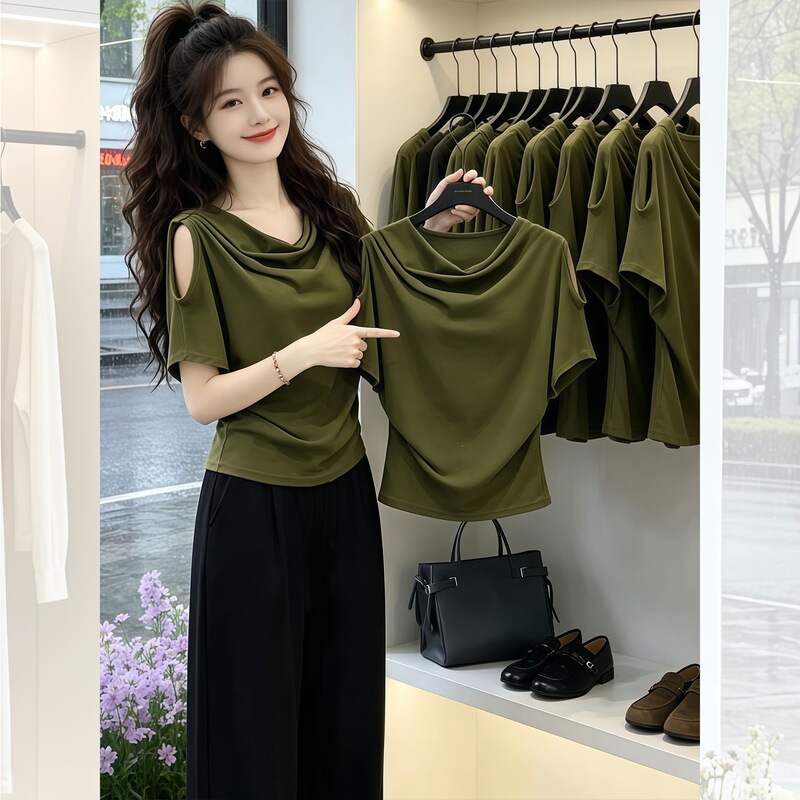 Cross-Border Trade【Rayon Customizable】Plus-Size Green Off-Shoulder Swing-Neck Short-Sleeve T-Shirt for Women, New Summer 2026 Model Cross-Border Trade【Rayon Customizable】Plus-Size Green Off-Shoulder Swing-Neck Short-Sleeve T-Shirt for Women, New Summer 2026 Model