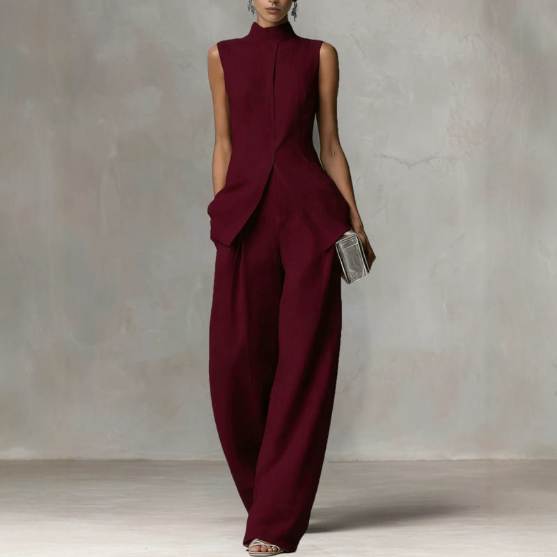 2026 European and American Amazon cross-border women's drapey shirt new fashion elegant sleeveless vest and long pants set for women 2026 European and American Amazon cross-border women's drapey shirt new fashion elegant sleeveless vest and long pants set for women