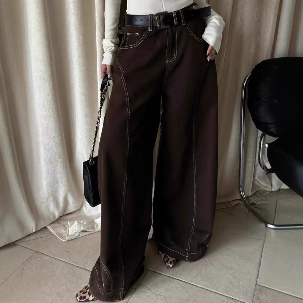 美式復古高腰棕色闊腿牛仔褲女秋冬高街設計感直筒寬鬆顯瘦拖地褲