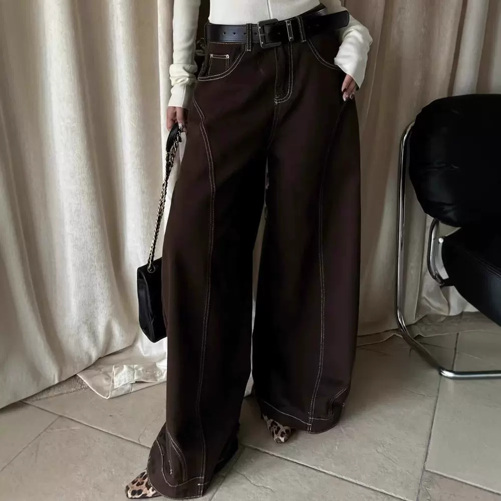 美式复古高腰棕色阔腿牛仔裤女秋冬高街设计感直筒宽松显瘦拖地裤