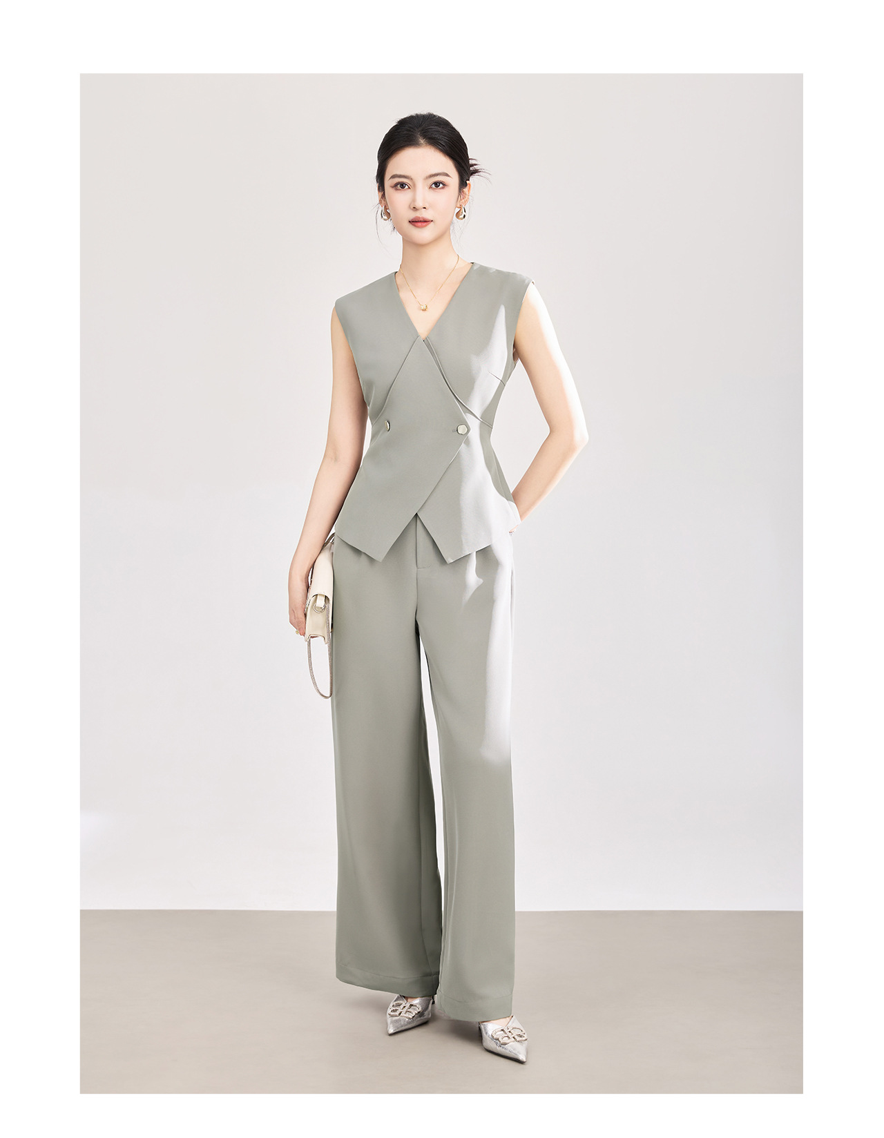 Set áo vest không tay dây buộc + quần ống rộng công sở nữ phong cách hiện đại — màu đen chi tiết 13
