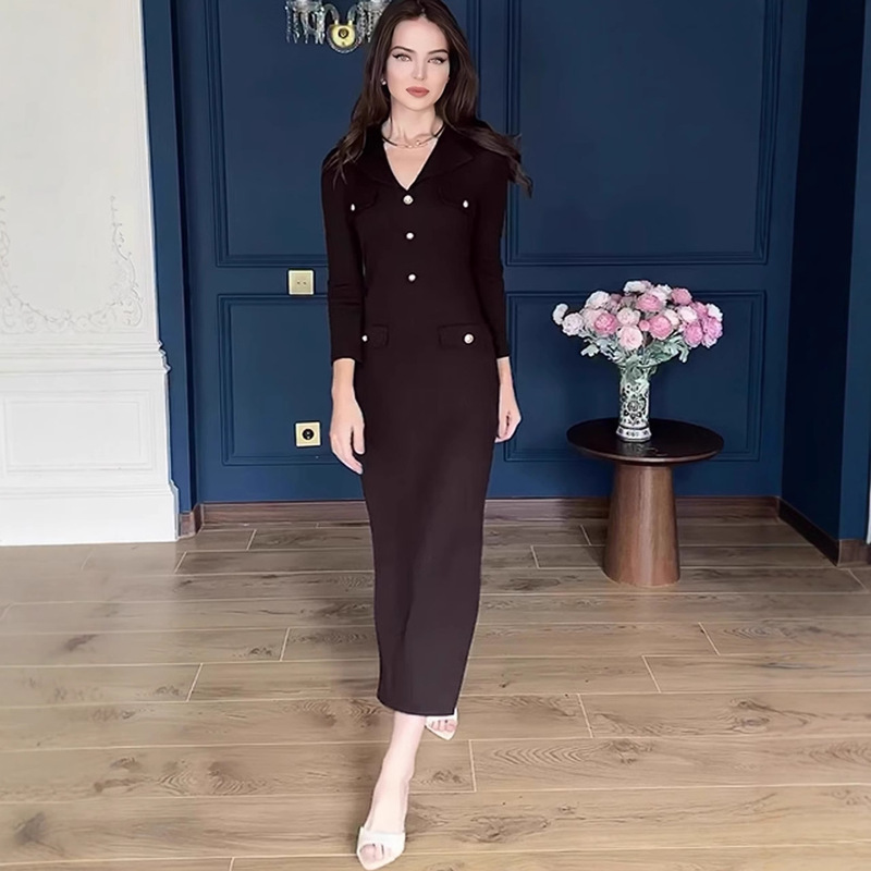 2025 Autumn New European and American Cross-Border Amazon Cross-Border Women's Waist-Cinching Elegant Long Solid Color Dress 2025 Autumn New European and American Cross-Border Amazon Cross-Border Women's Waist-Cinching Elegant Long Solid Color Dress