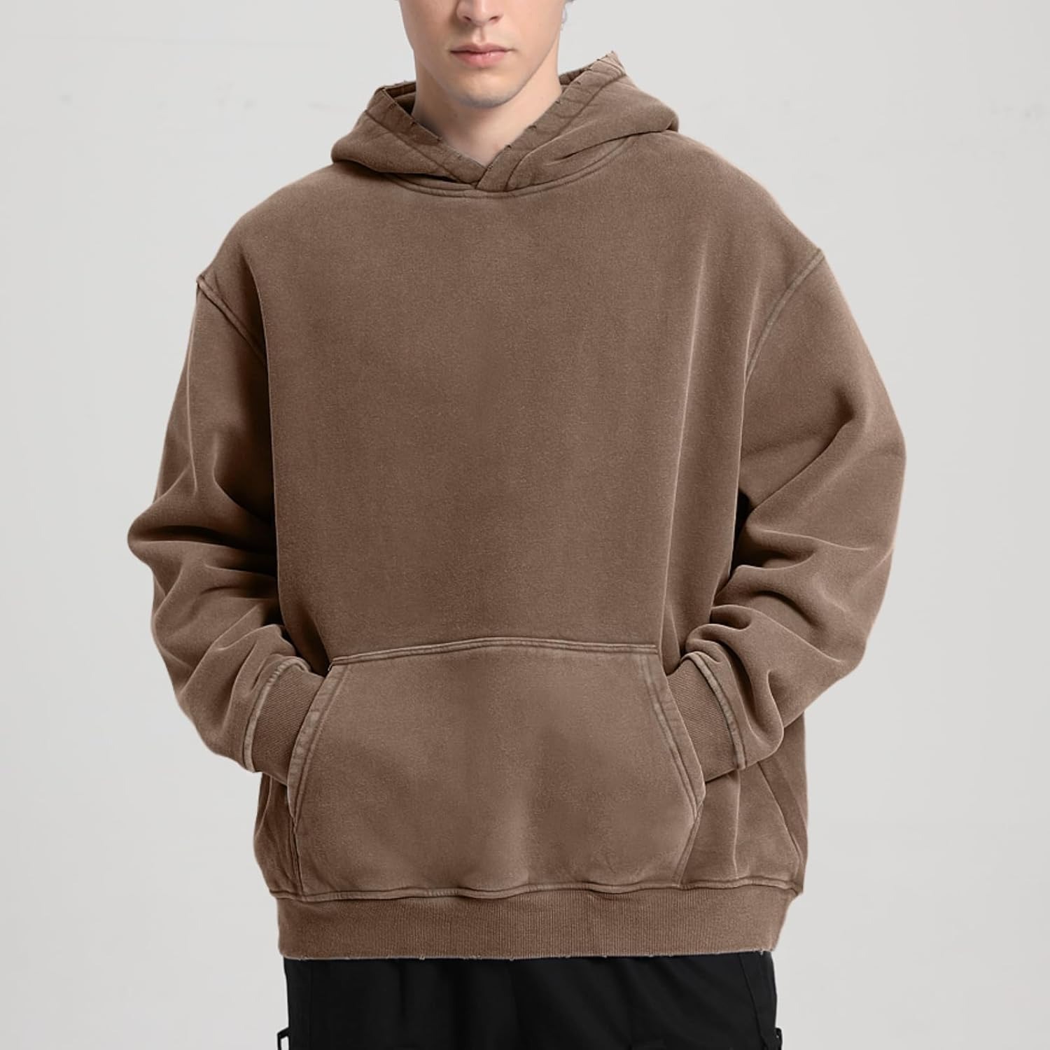 Autumn and Winter Solid Color Custom Logo Vintage Washed Drop Shoulder Loose Fit Round Neck Hooded Cotton Sweatshirt in a Relaxed Style