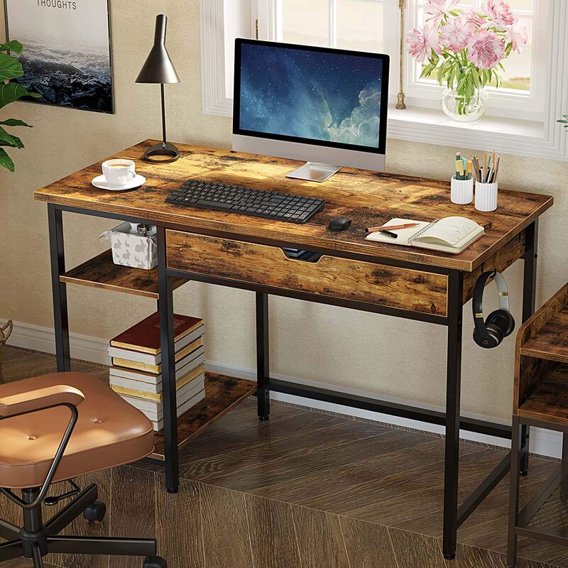 Retro Computer Desk with Shelves and Drawers Home Office Writing Desk Laptop Study Table Workstation