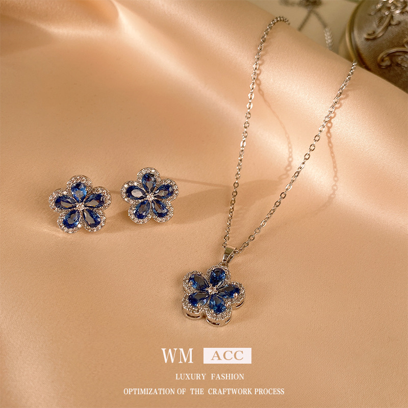 Aguja de plata azul aretes de flor de zircón estilo ligero de lujo estilo alto collar nuevo aretes al por mayor image 1