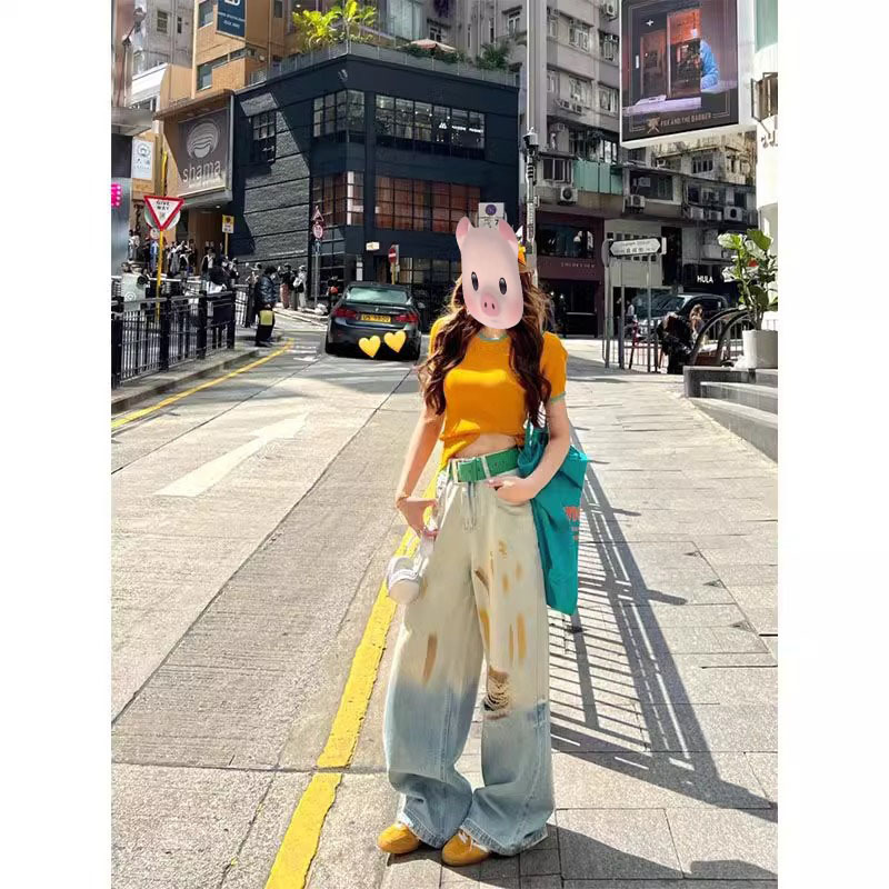 夏季美式复古穿搭女2025新款多巴胺撞色针织短袖破洞牛仔裤两件套|undefined