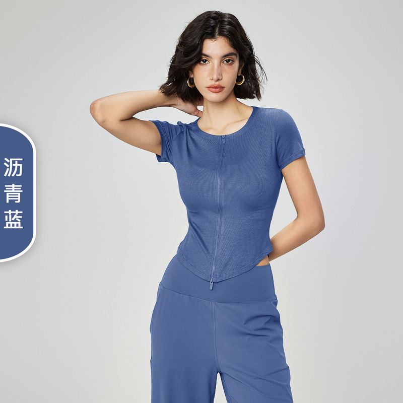 モーダル裸感修身スポーツtシャツ女性丸首ファスナーヨガ服カジュアル小蛮腰フィットネス半袖夏|undefined
