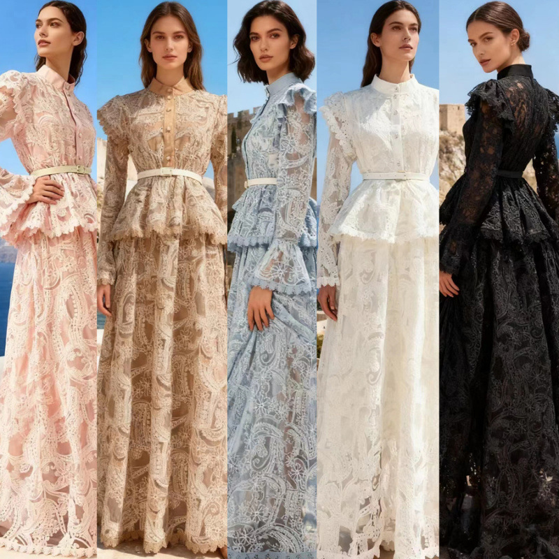 High-End Evening Gown Dress 2026 Spring Bell-Sleeve Heavy Embroidery Hollow-Out Design with Belt Ruffled Long Dress