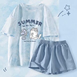 Tie-dyed Pajamas Women's Outer Wear Short-sleeved suit New Student Cartoon Sweet Two-piece Home Clothes Ins Fashion