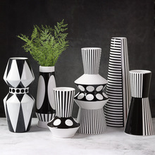 现代简约北欧极简黑白条纹几何陶瓷花瓶器摆件家居样板间软装饰品