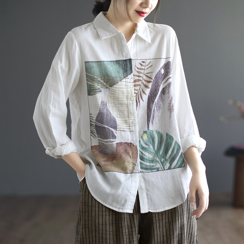 23 Spring New Double-layer Cotton Yarn Lapel Shirt Women's Artistic Loose Long-sleeved Contrast Dye Top