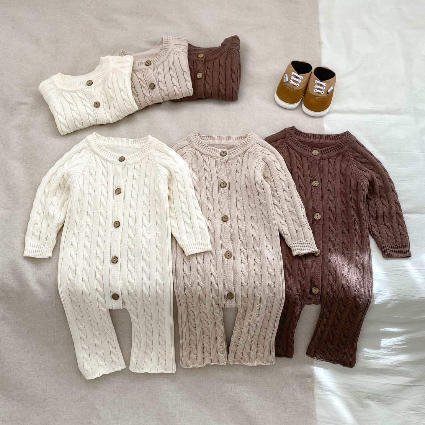 2025 Casual Long-Sleeved Sweater for Baby Girls, Autumn New Style, Handmade Cable Knit Toddler Romper