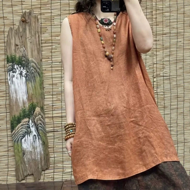 New Foreign Trade Style Chinese Retro Cotton and Linen Dress, Artistic Cotton and Linen Mid-Length Camisole Dress for Women in Summer New Foreign Trade Style Chinese Retro Cotton and Linen Dress, Artistic Cotton and Linen Mid-Length Camisole Dress for Women in Summer