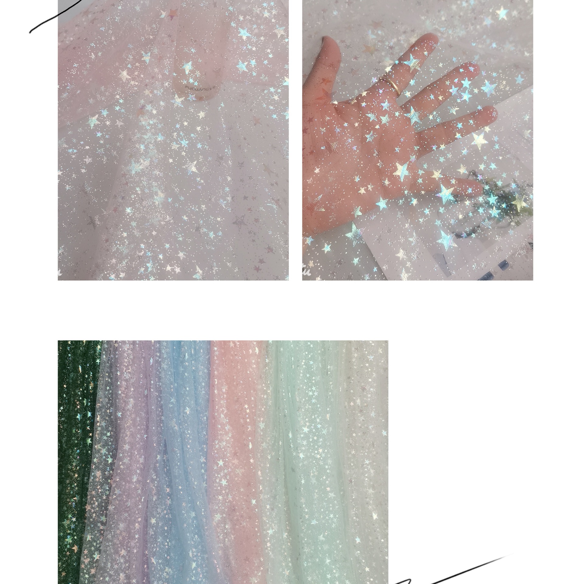 热卖款~闪亮款轻柔锦特美网纱密点点大小五角星幻彩烫膜 纱裙面料