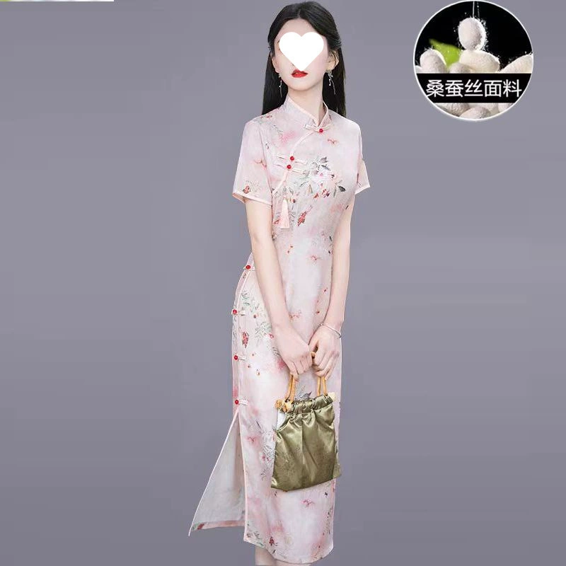 Новое китайское платье-чонсам для женщин 2025 года, летнее, международный бренд Ханчжоу, из шёлка тутового дерева