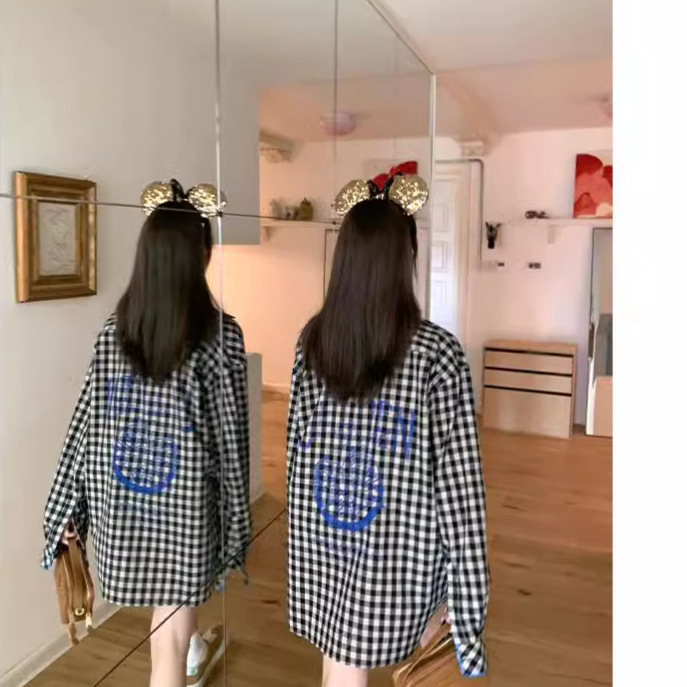 in stock Axb Port of Norrhees Embroidered Print Black and White Shirt Plaid Striped Shirt Cotton Linen Top Women