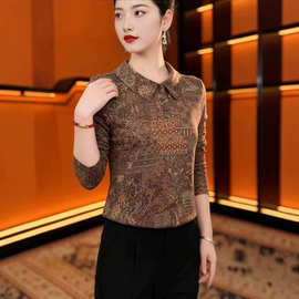 秋季新款印花长袖T恤女翻领宽松显瘦中老年妈妈装洋气时尚上衣