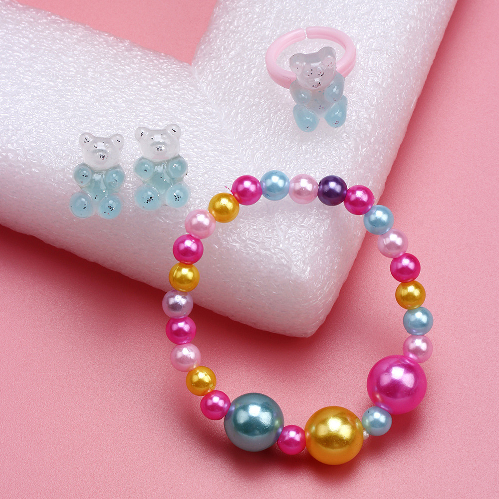 Cute Bear Resin Beaded No Inlaid Rings Bracelets Earrings 3 Piece Set