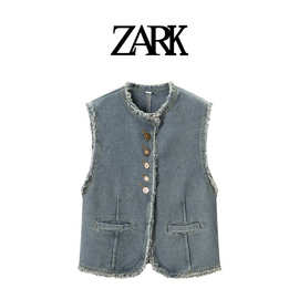 ZARK 欧美新款毛边不规则纽扣牛仔宽松显瘦背心 跨境外贸女装批发