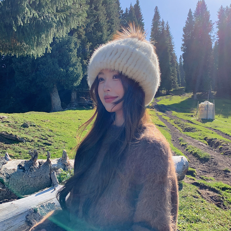 韩国女士冬季皮草帽子水貂毛休闲编织弹力甜美女帽狐狸毛球贝雷帽|undefined