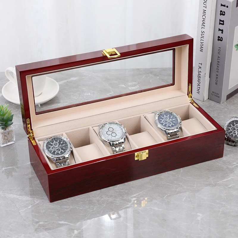 Fábrica en stock Caja de reloj de alto brillo de madera maciza de 6 bits Caja de almacenamiento de reloj de madera de pintura a prueba de polvo de ventana de gama alta de estilo europeo