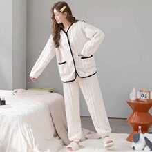 2025秋冬季新款小香风睡衣女套装加绒简约休闲可外穿法兰绒家居服