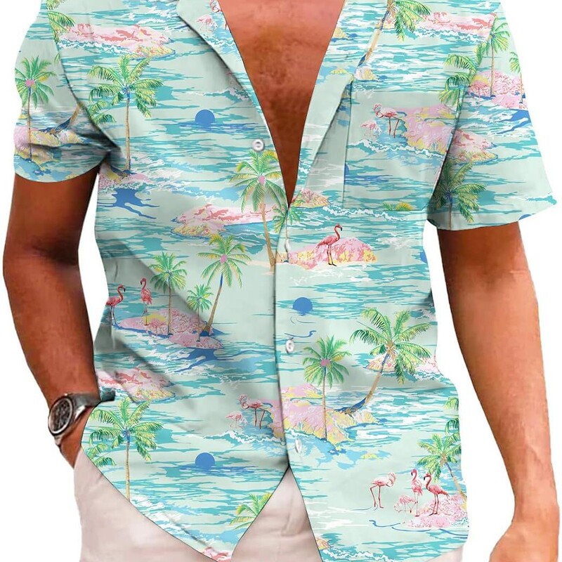 Cross-border 2026 men's vacation-style short-sleeved floral shirt, featuring a tropical island flamingo print and a turn-down collar Cross-border 2026 men's vacation-style short-sleeved floral shirt, featuring a tropical island flamingo print and a turn-down collar