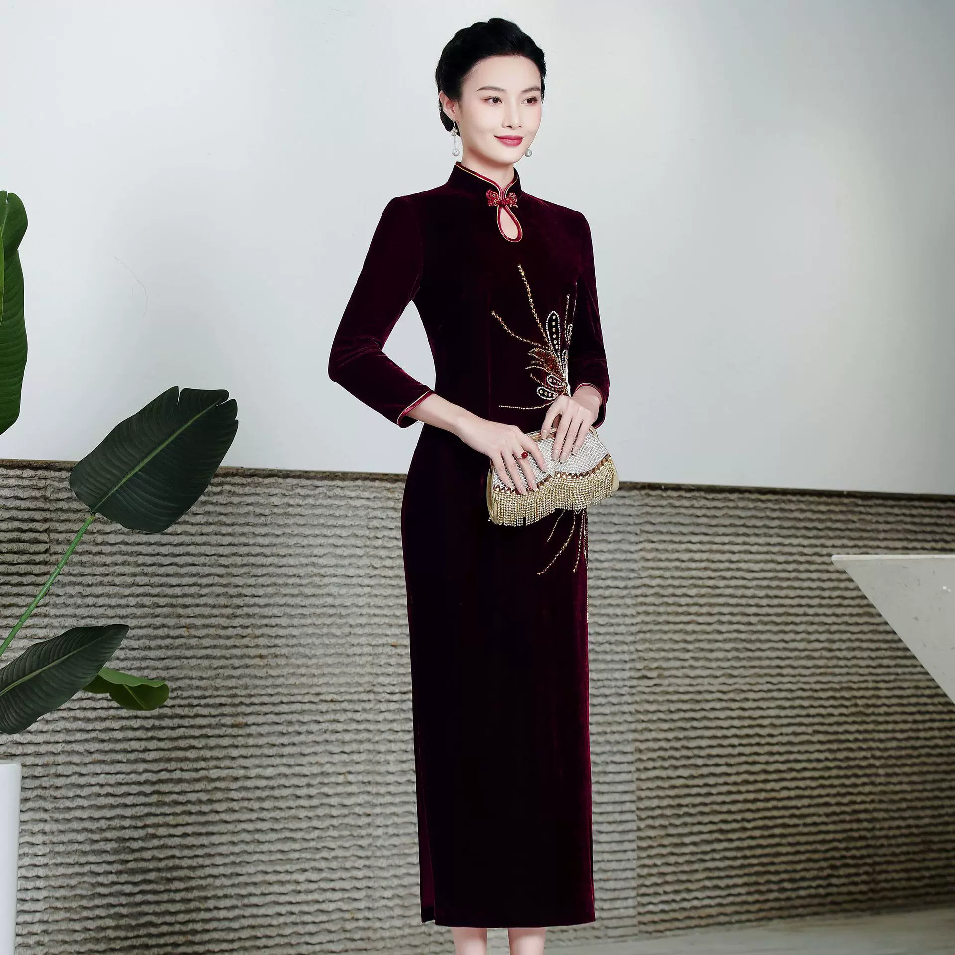 春季爆款婚宴礼服大码旗袍 丝绒大码喜婆婆妈妈装 品牌连衣裙批发