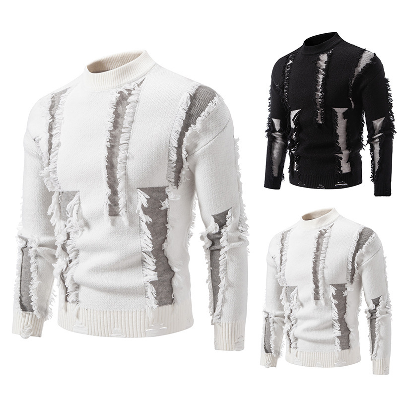 Ripped Sweater for Men, Loose Round-Neck Knit Pullover, Stylish Autumn Outfit for Teenagers, Trendy Brand Top Ripped Sweater for Men, Loose Round-Neck Knit Pullover, Stylish Autumn Outfit for Teenagers, Trendy Brand Top