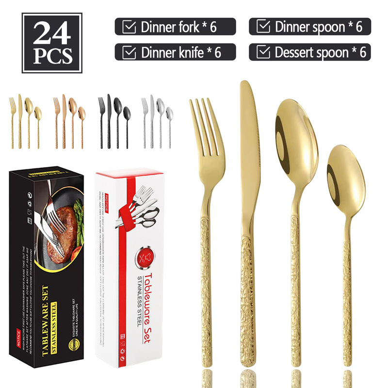 Cross-border source stone pattern stainless steel tableware 24-piece Western food thickened steak knife and fork dessert spoon gift box set Cross-border source stone pattern stainless steel tableware 24-piece Western food thickened steak knife and fork dessert spoon gift box set