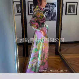 2025外贸印花女士性感优雅轻熟新款跨境电商亚马逊V领长袖女套装