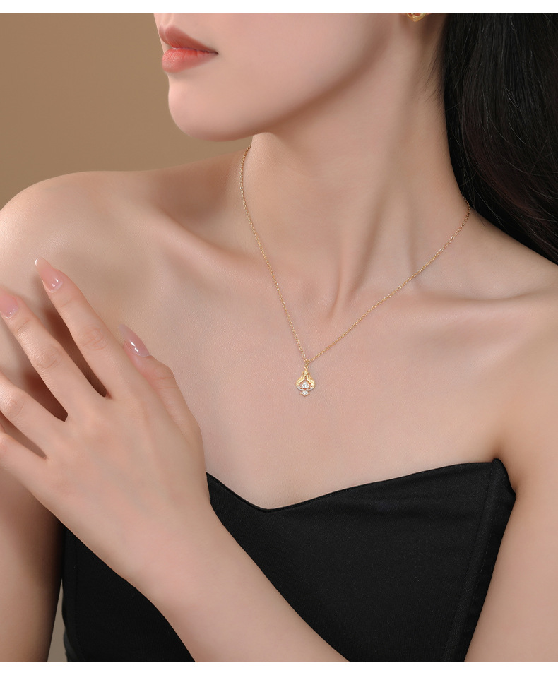 Collana in argento sterling retrò leggera di lusso con zirconi, stile ins, pendente con separazione avanzata dei colori, catena per il collo_voghion.com