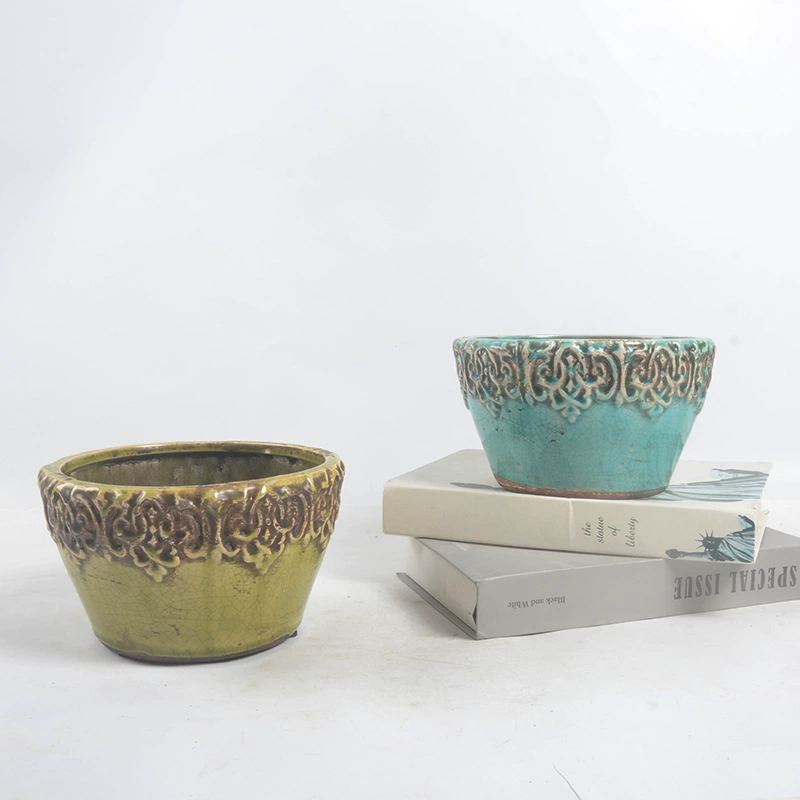 Европейский стиль ретро старый ледяной крекинг глазурь гончарный горшок растение цветочный горшок зеленый горшок балкон бытовой керамический цветочный горшок с большим ртом