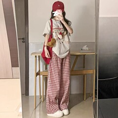 韓国系のレトロな格子のワイドパンツの女性春夏2025の新型のハイウエストはゆったりしていて、やせています。