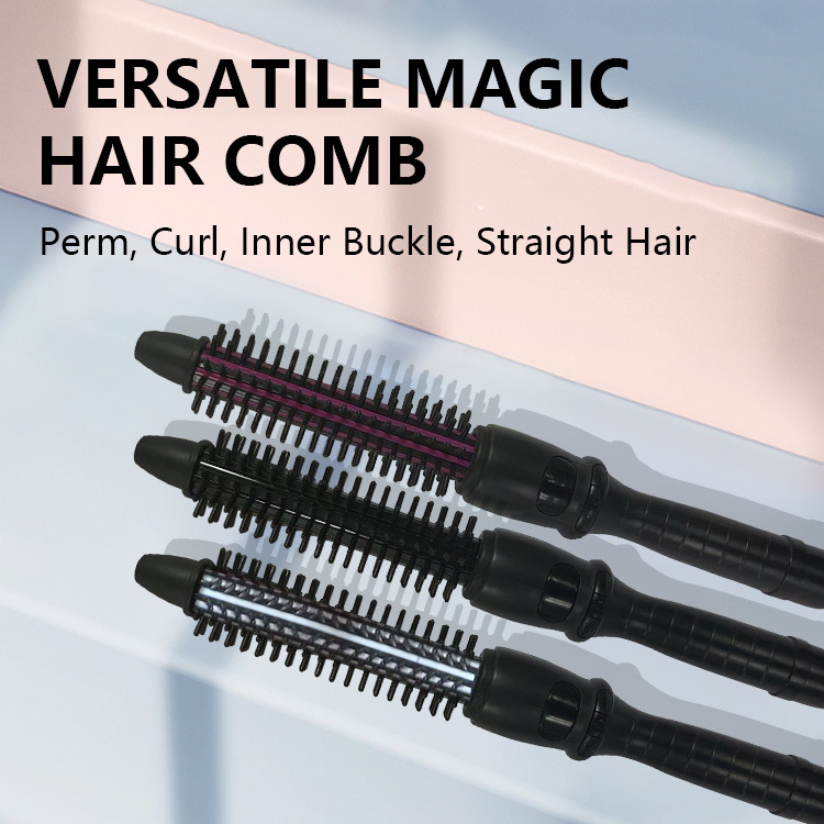 跨境外贸电热卷发梳内扣短发蓬松电卷梳温控直卷两用卷发棒