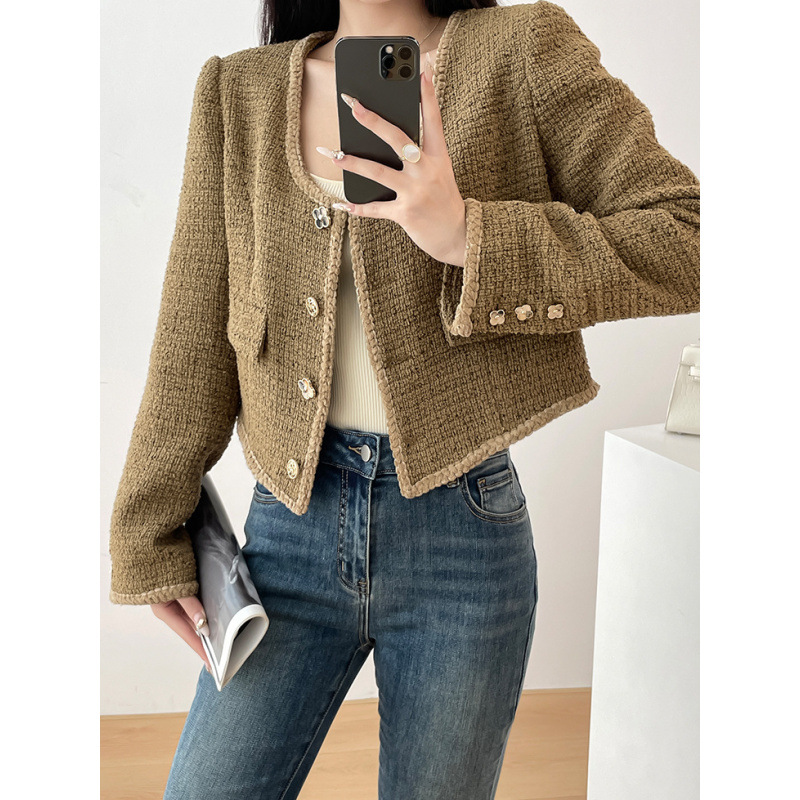 Khaki Heavy Lace Chanel-Style Short Jacket for Women, New Autumn and Winter Petite Elegant High-End Top for Women