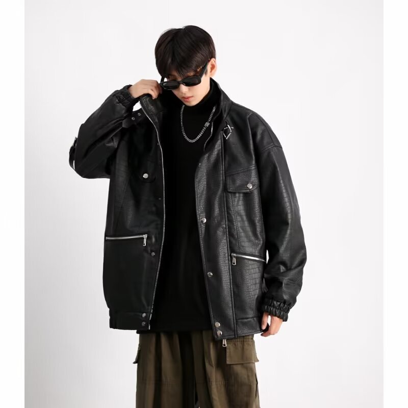 Niche high-level design feeling handsome crocodile shoulder pad pu leather jacket men's spring and autumn casual loose coat trendy