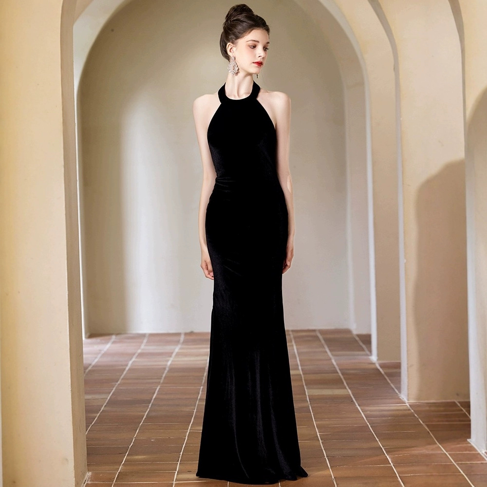 Neck Evening Dress Dress High-end Hepburn Style Spring and Summer High-end Elegant Fishtail Banquet Black Host Velvet Women