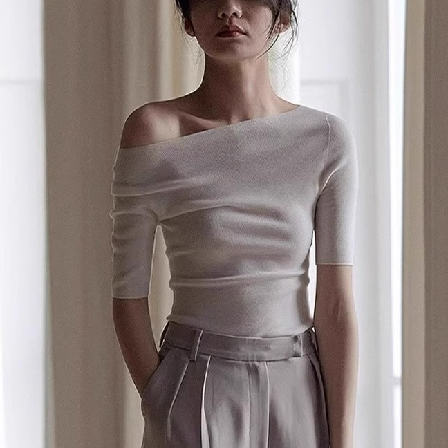 French Style off-Shoulder Short-Sleeved T-Shirt Women's Summer Thin High-Level Ice Silk Knitted Shirt Slim-Fit Shoulder Top French Style off-Shoulder Short-Sleeved T-Shirt Women's Summer Thin High-Level Ice Silk Knitted Shirt Slim-Fit Shoulder Top