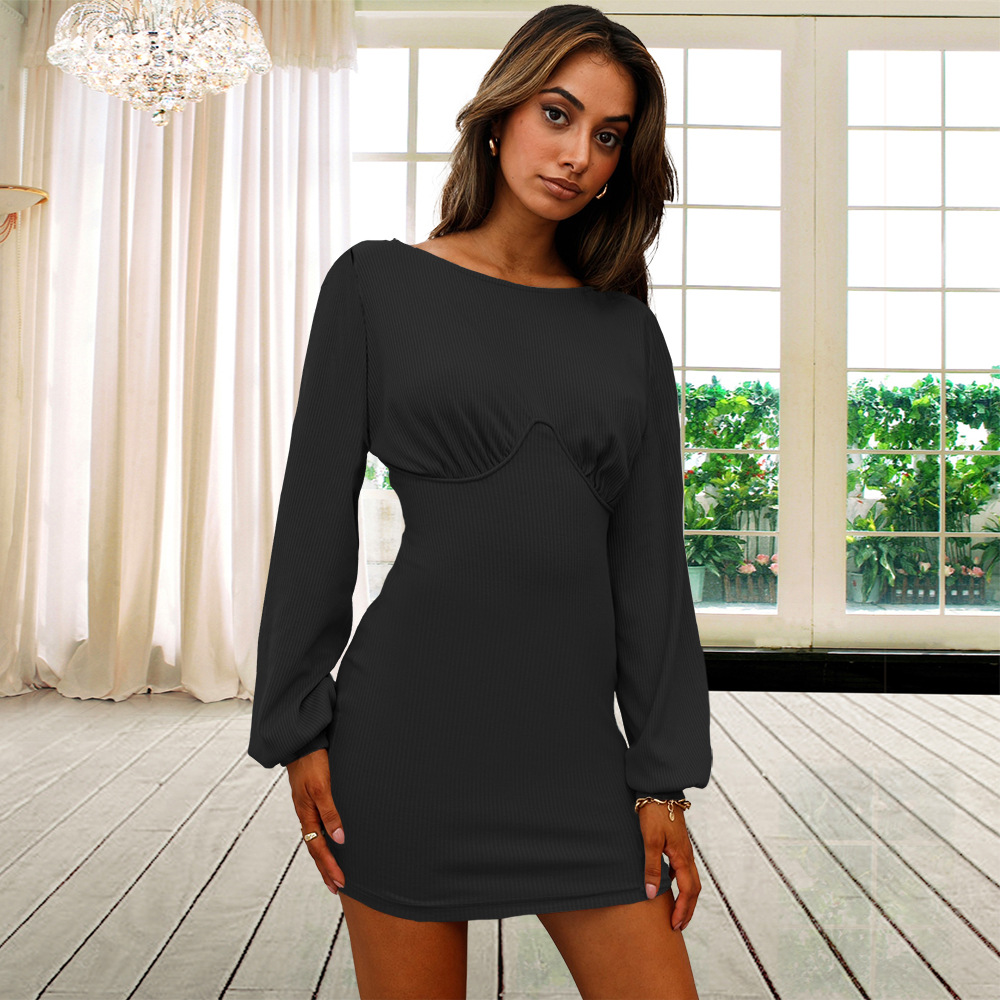 women s knitted long-sleeved ribbed slim dress nihaostyles clothing wholesale NSHYG76285