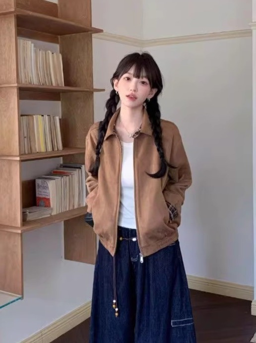 设计感格纹拼接翻领外套女2025秋季新款宽松版型短款时尚夹克上衣|undefined