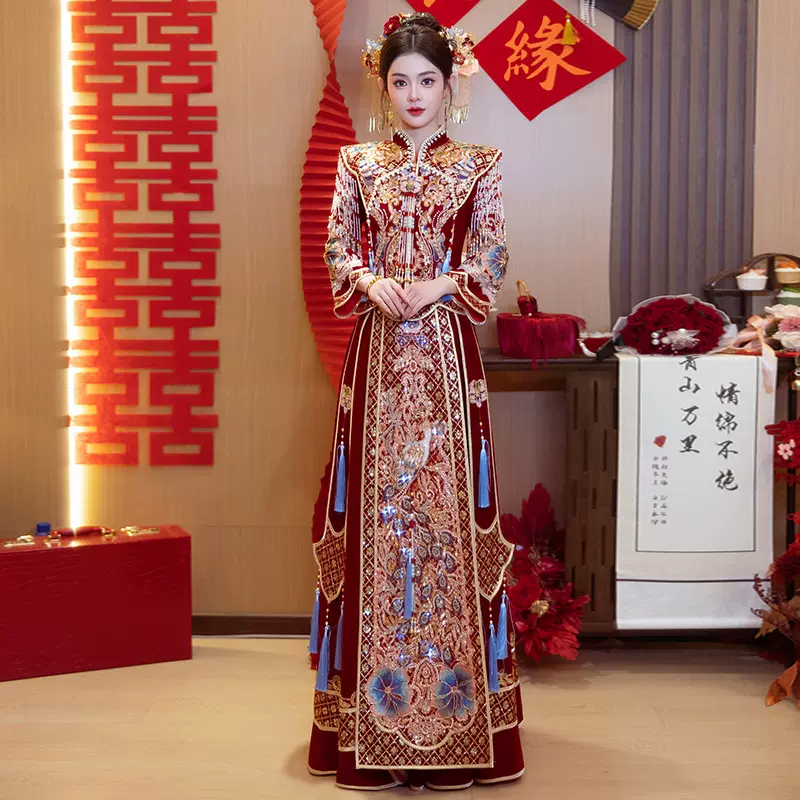丝绒秀禾服新娘婚服2025年新款敬酒服中式婚服小个子礼服出阁服
