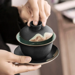 远山三才盖碗 手绘釉画彩粗陶中式大号喝茶碗 黑陶功夫茶具泡茶器