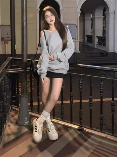 Lazy Style Grey Slanted Collar Off-the-Shoulder Long Sleeve Sweatshirt for Women Spring and Autumn Thin Version Loose and Slimming Casual Versatile No-Hat Top
