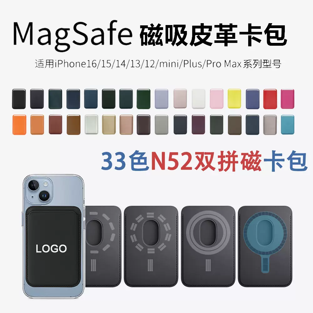 适用Magsafe皮革PU磁吸卡包iphone16/15proMax卡套N52双拼磁铁