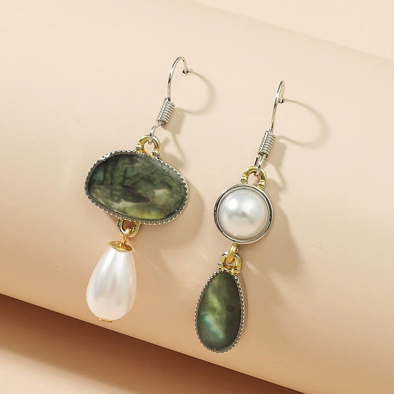 Retro fashionable asymmetrical earrings from pearl, for import