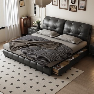 Yunduo Light Luxury Modern Simple Cream Style Leather Bed. Double Master Bedroom Large Bed Style Beautiful Master Bedroom Bed