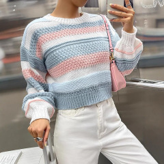 春秋新款撞色条纹女装优雅时尚百搭女士针织套头衫长袖休闲百搭
