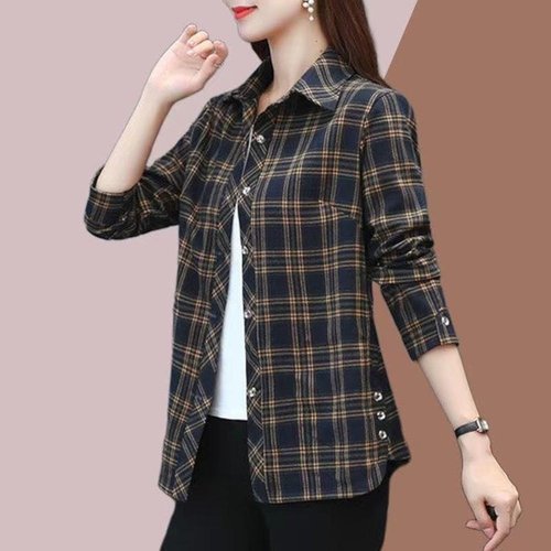Autumn middle-aged mother's shirt for women, spring and autumn new plaid shirt, versatile casual long-sleeved top to cover the flesh and look slim